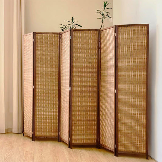 6 Panel Room Divider Screen,5.6 FT Tall Bamboo Room Divider Folding Privacy Screen,Freestanding Room Divider for Room Seperation,Brown