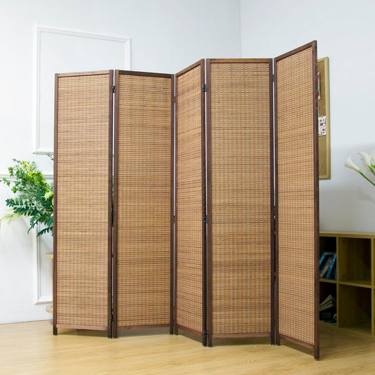 5 Panel Room Divider Screen,5.6 FT Tall Bamboo Room Divider Folding Privacy Screen,Freestanding Room Divider for Room Seperation,Brown
