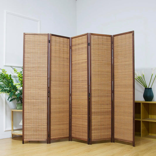 5 Panel Room Divider Screen,5.6 FT Tall Bamboo Room Divider Folding Privacy Screen,Freestanding Room Divider for Room Seperation,Brown