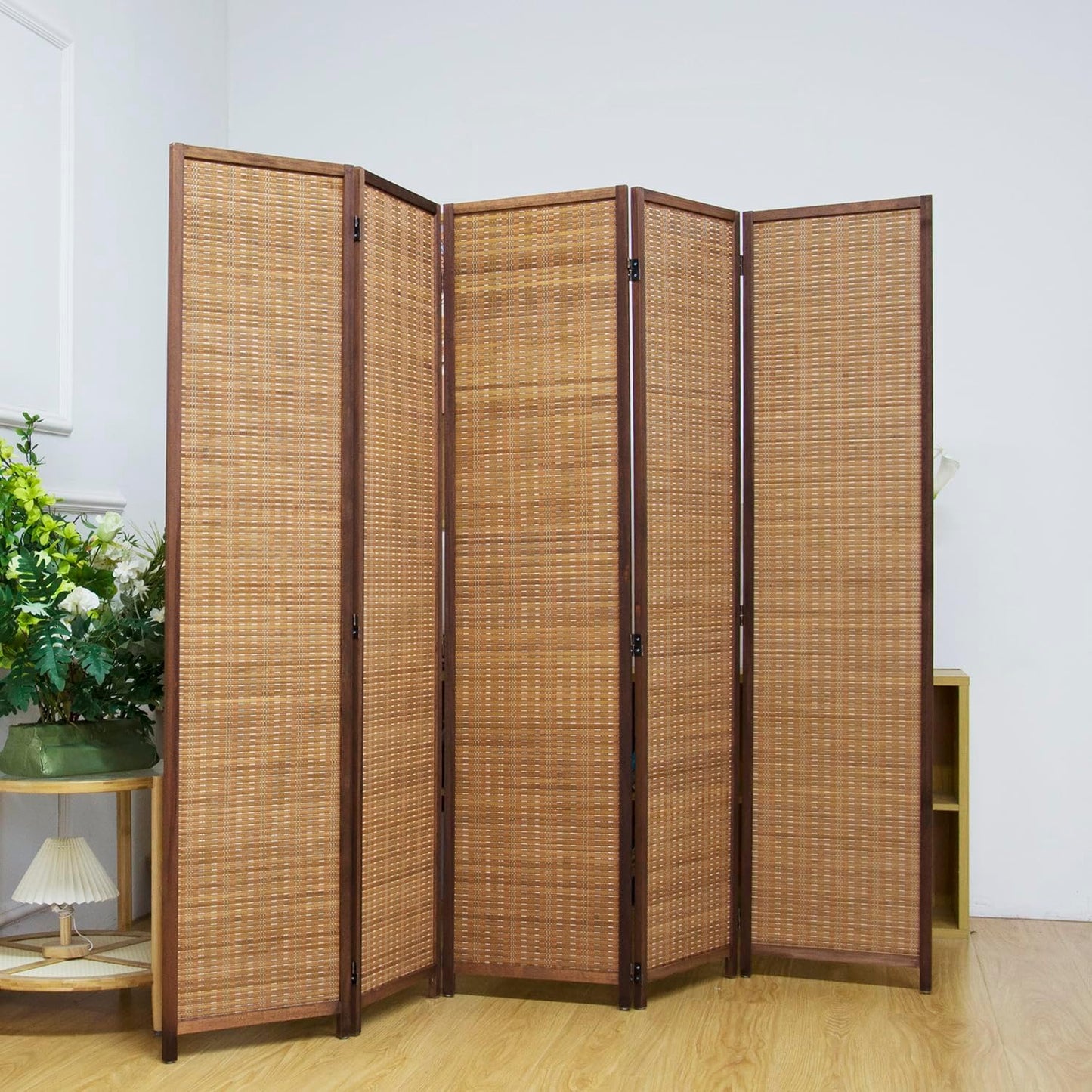 5 Panel Room Divider Screen,5.6 FT Tall Bamboo Room Divider Folding Privacy Screen,Freestanding Room Divider for Room Seperation,Brown