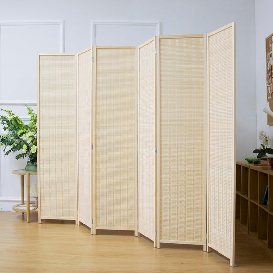 6 Panel Room Divider Screen,5.6 FT Tall Bamboo Room Divider Folding Privacy Screen,Freestanding Room Divider for Room Seperation,Beige