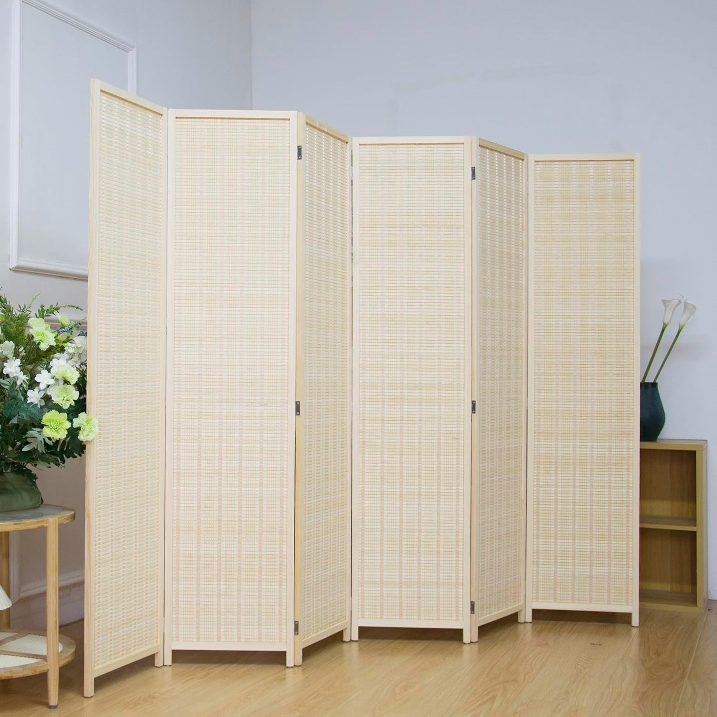 6 Panel Room Divider Screen,5.6 FT Tall Bamboo Room Divider Folding Privacy Screen,Freestanding Room Divider for Room Seperation,Beige