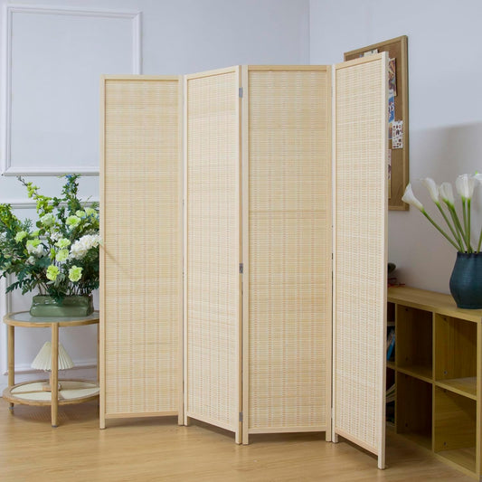 4 Panel Room Divider Screen,5.6 FT Tall Bamboo Room Divider Folding Privacy Screen,Freestanding Room Divider for Room Seperation,Beige