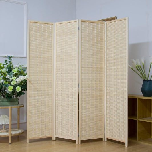 4 Panel Room Divider Screen,5.6 FT Tall Bamboo Room Divider Folding Privacy Screen,Freestanding Room Divider for Room Seperation,Beige
