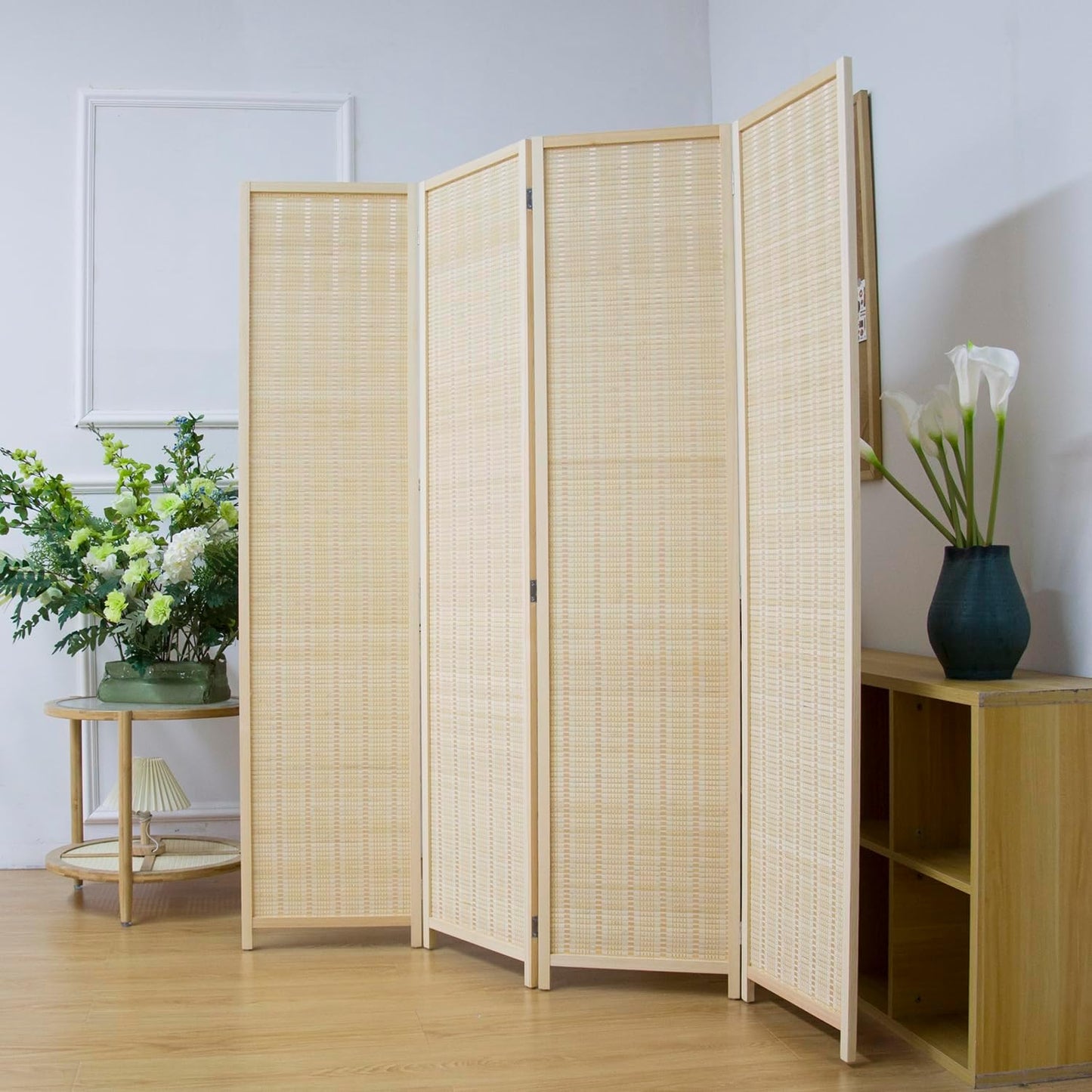 4 Panel Room Divider Screen,5.6 FT Tall Bamboo Room Divider Folding Privacy Screen,Freestanding Room Divider for Room Seperation,Beige