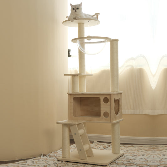 Pawlabay Wood Cat Tree for Indoor Cats,Tall Cat Tree Tower with Cat Scratching Post and Space Cup,Wood Cat Tower for Indoor Cats,56 Inch Tall