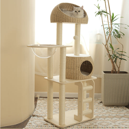 Pawlabay Rattan Cat Tree for Indoor Cats,Tall Cat Tree Tower with Cat Scratching Post,Wood Cat Tower for Indoor Cats,57.5 Inch Tall