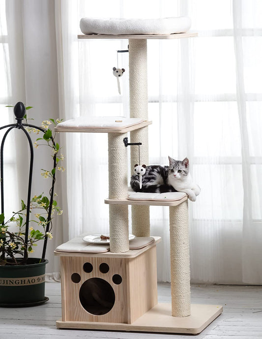 Pawlabay Multi-Level Cat Tree,Wood Cat Tower with Cat Scratching Post,Cat Tree for Indoor Cats with Pine Cat House,Cat Activity Tree in 56 Inch Tall with Cat Toys