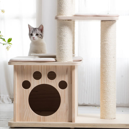 Pawlabay Multi-Level Cat Tree,Wood Cat Tower with Cat Scratching Post,Cat Tree for Indoor Cats with Pine Cat House,Cat Activity Tree in 56 Inch Tall with Cat Toys