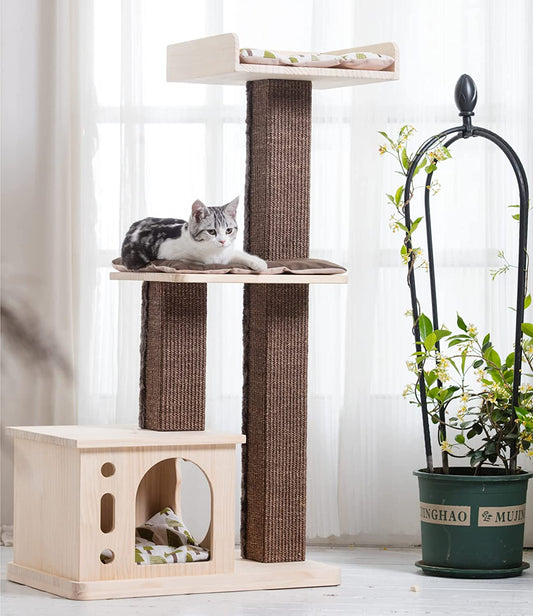 Pawlabay Multi-Level Cat Tree,Wood Cat Tower with Cat Scratching Post,Cat Tree for Indoor Cats with Pine Cat House,Cat Activity Tree in 44 Inch Tall with Cat Beds