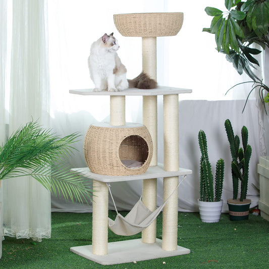 Pawlabay Wood Cat Tree for Indoor Cats,Tall Cat Tree Tower with Cat Scratching Post and Cat Hammock,Wood Cat Tower for Indoor Cats,52.4 Inch Tall